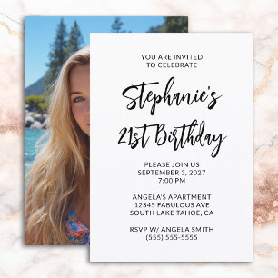 Minimalist Black Bold Script Photo 21st Birthday Invitation