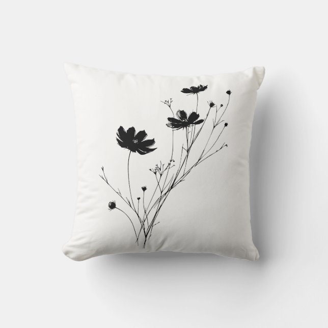 Minimalist Black Botanical Wildflower Throw Pillow (Front)