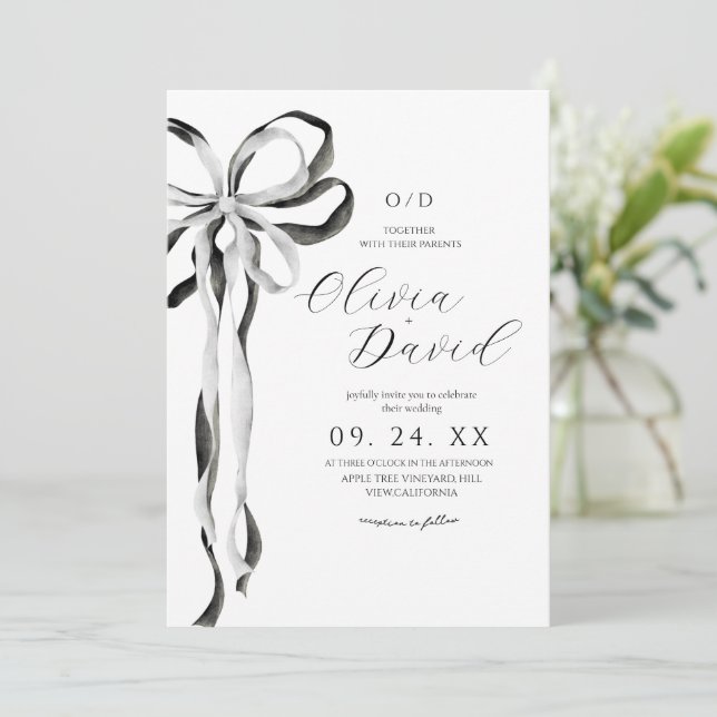 Minimalist Black Bow Modern Ribbon Wedding Invitation (Standing Front)