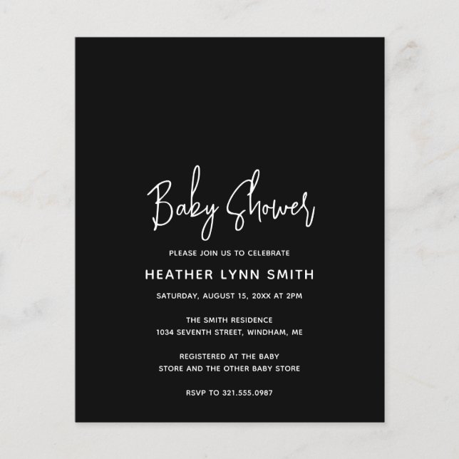 Minimalist Black Budget Baby Shower Invitation (Front)