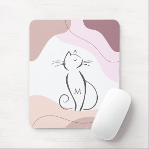 Minimalist Black Cat Boho Organic Shapes Monogram Mouse Pad