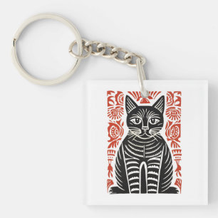 Minimalist Black Cat Folk Art Design  Keychain