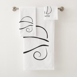 Minimalist black cat on white add name bath towel set
