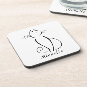 Minimalist black cat on white add name coaster