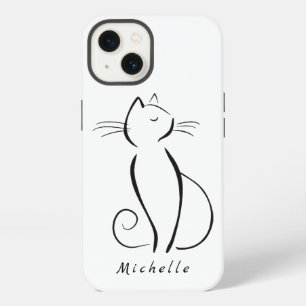 Minimalist Black Cat On White Add Name iPhone 13 Case