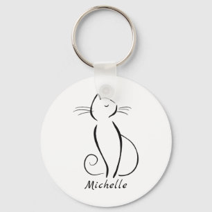 Minimalist black cat on white add name keychain