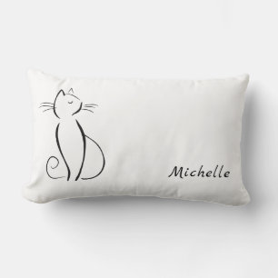 Minimalist black cat on white add name lumbar pillow