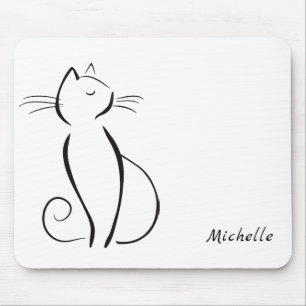Minimalist black cat on white add name mouse pad