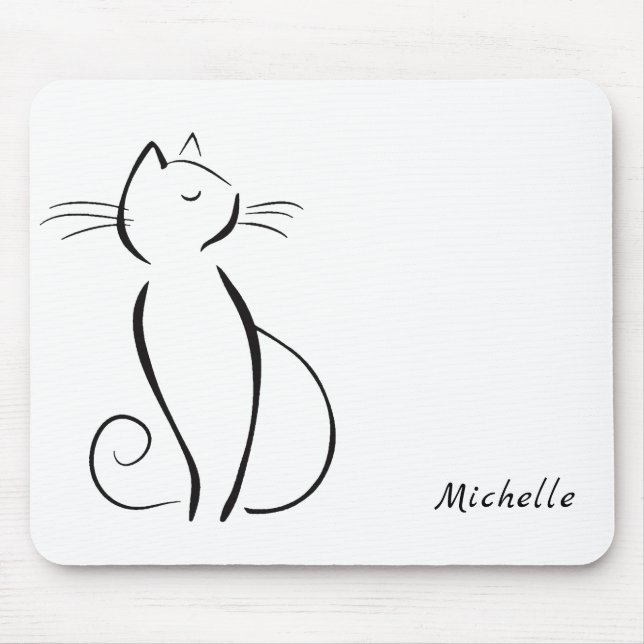 Minimalist black cat on white add name mouse pad (Front)