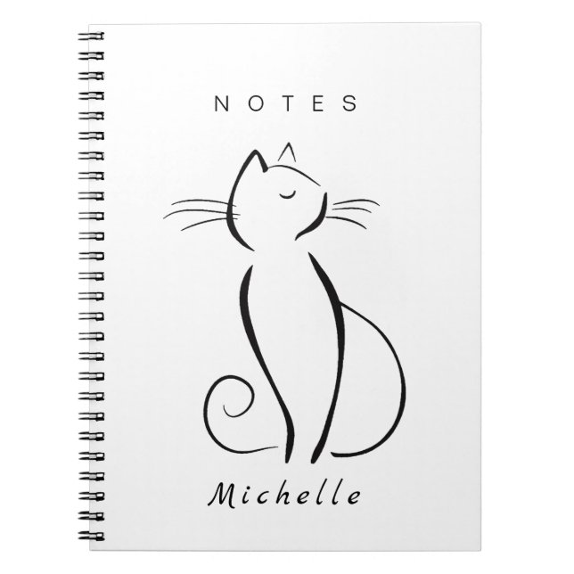 Minimalist black cat on white add name notebook (Front)