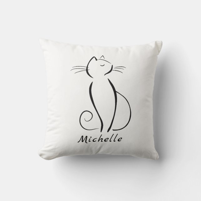 Minimalist black cat on white add name throw pillow (Front)