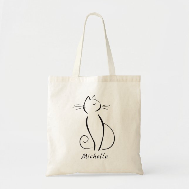 Minimalist black cat on white add name tote bag (Front)