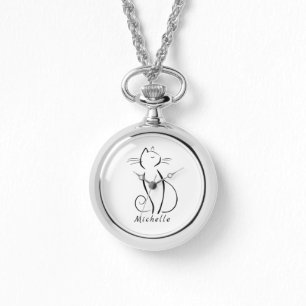 Minimalist black cat on white add name watch