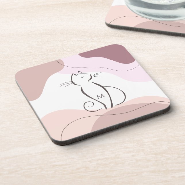 Minimalist Black Cat Organic Boho Shapes Monogram  Coaster (Left Side)