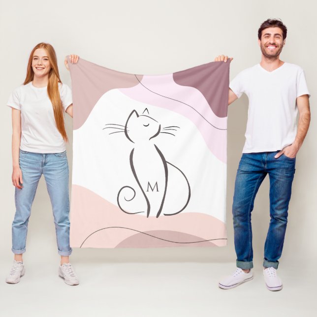 Minimalist Black Cat Organic Boho Shapes Monogram Fleece Blanket (In Situ)