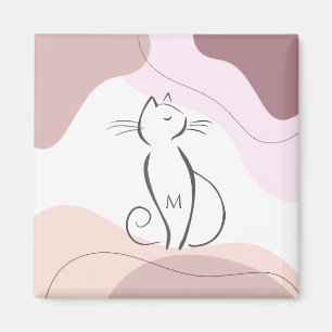 Minimalist Black Cat Organic Boho Shapes Monogram Magnet