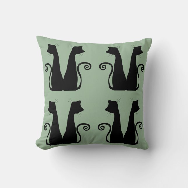 Minimalist Black Cat Pattern Sage Green Throw Pill Pillow (Front)