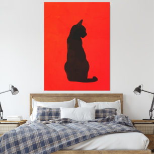Minimalist Black Cat Silhouette Modern Red Art Canvas Print