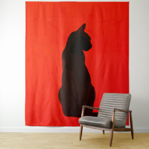Minimalist Black Cat Silhouette Modern Red Art Tapestry