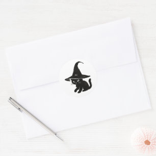 Minimalist Black Cat with Witch Hat Design on  Classic Round Sticker