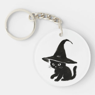 Minimalist Black Cat with Witch Hat Design on Keychain