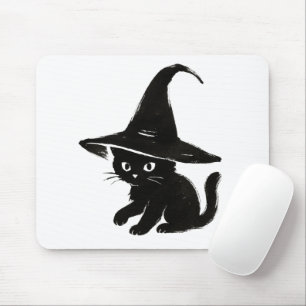 Minimalist Black Cat with Witch Hat Design on Mouse Pad