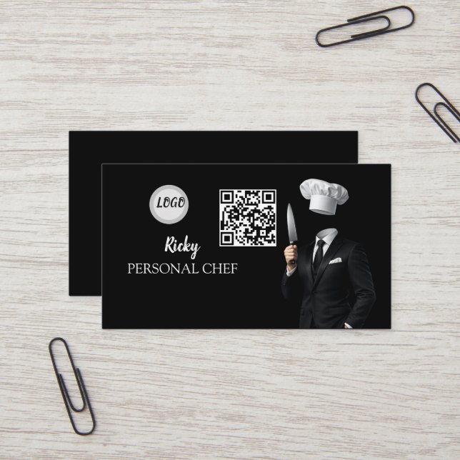 Minimalist Black Chef Uniform Photo QR Code  Business Card (Front/Back In Situ)