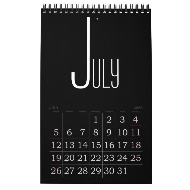 Minimalist Black colour Calendar (Jul 2026)