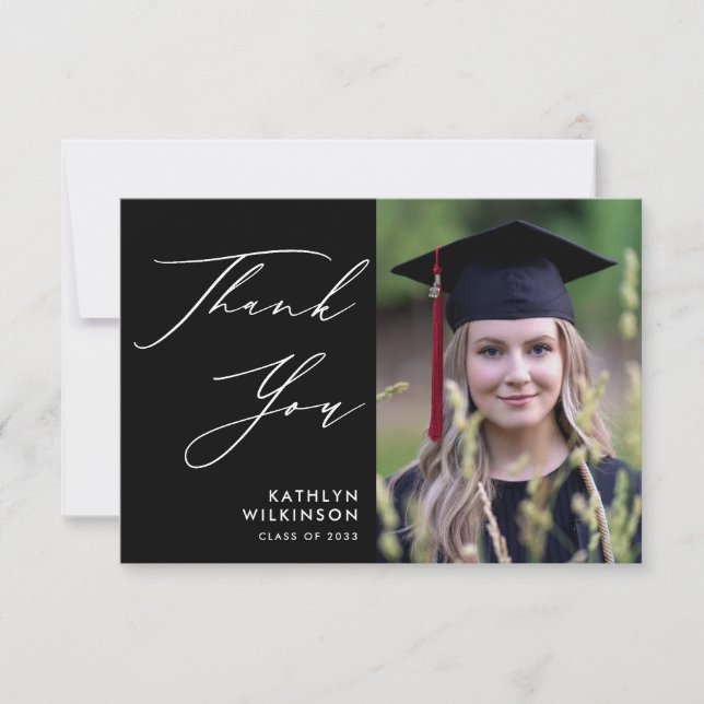 Minimalist Black Elegant Script GRAD Thank You Invitation (Front)
