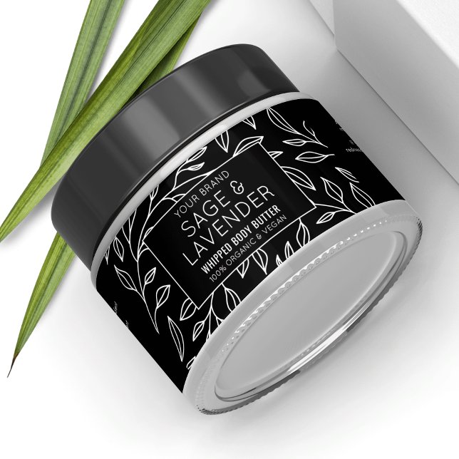 Minimalist Black Floral Cosmetic Jar Wrapper Label (Minimalist floral skincare jar wrapper label template in black and white with)