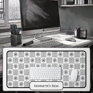 Minimalist Black Flowers - Checked on White Desk Mat