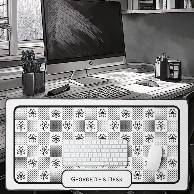 Minimalist Black Flowers - Checked on White Desk Mat (Minimalist Black Floral Checked on a white Background by Office Accessories Shop)