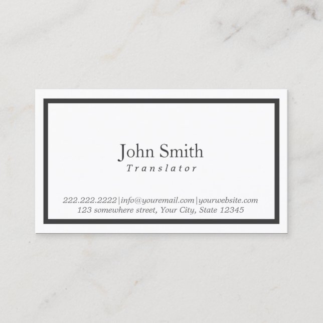 Minimalist Black Frame Translator Business Card (Front)