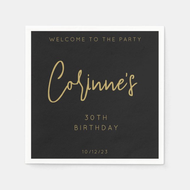 Minimalist Black Gold 30th Birthday Party Napkin (Front)