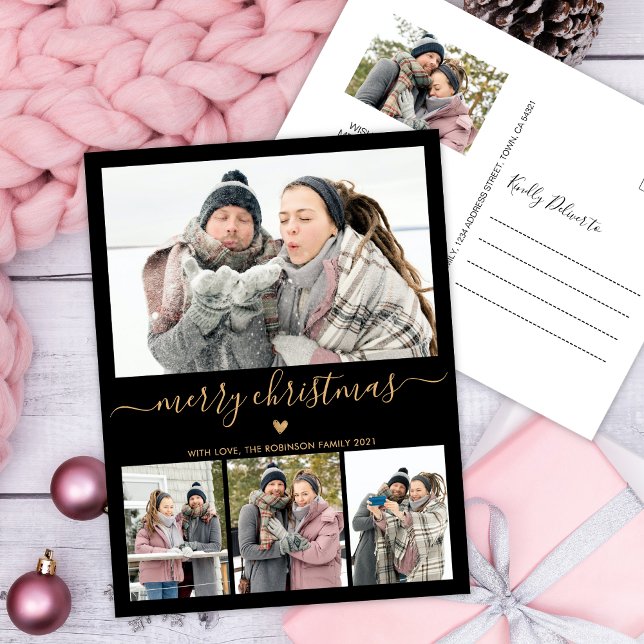 Minimalist Black Gold  4 Photo Collage Christmas Postcard (Creator Uploaded)
