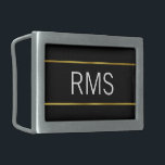Minimalist Black Gold and White Monogram Belt Buckle<br><div class="desc">Three large,  white letters form the display text that you can replace with the appropriate monogram. The initials are on a black background. The faux gold stripes are an artistic rendering.</div>