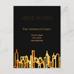 Minimalist black gold city skyline we moved announcement postcard