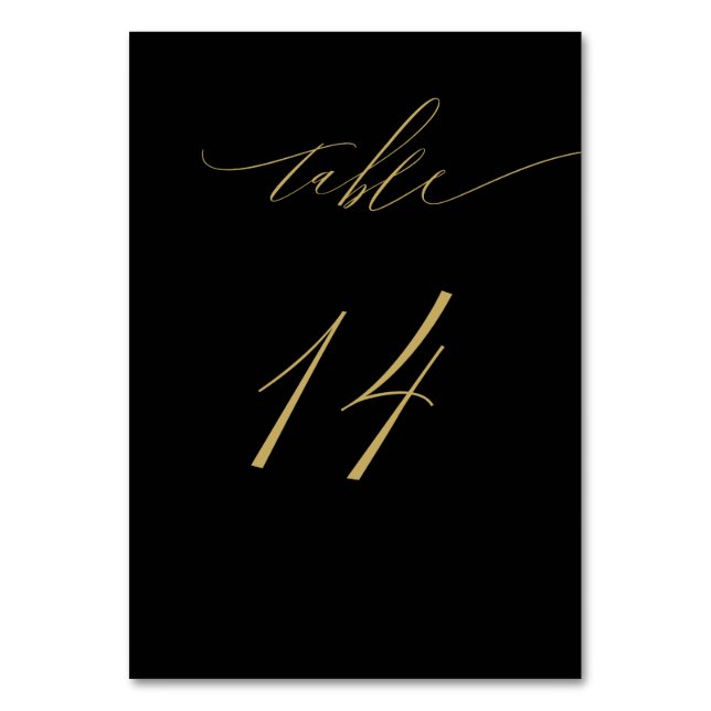 Minimalist Black Gold Elegant Script 14 Wedding Table Number (Front)