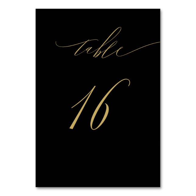 Minimalist Black Gold Elegant Script 16 Wedding Table Number (Front)