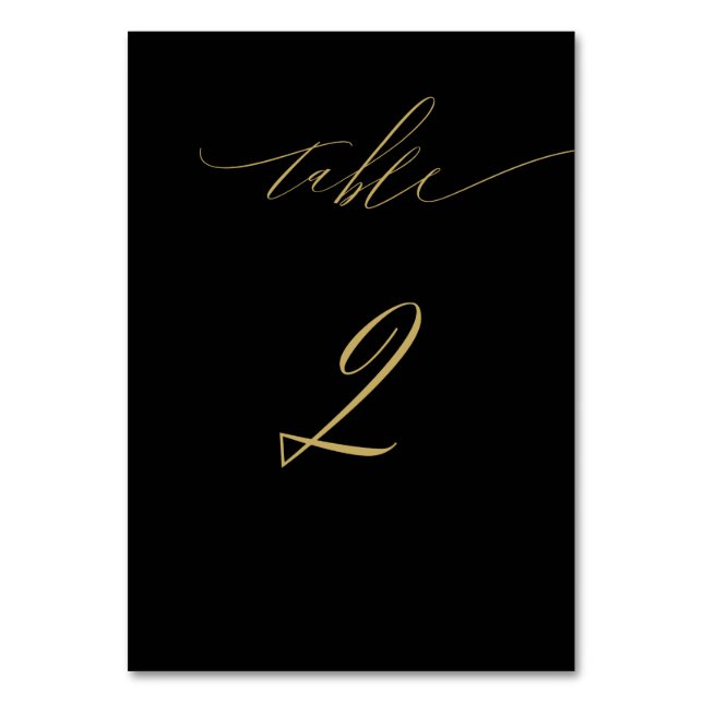 Minimalist Black Gold Elegant Script No 2 Wedding Table Number (Front)
