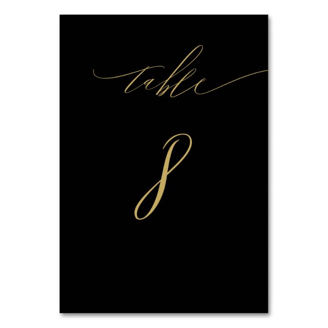 Minimalist Black Gold Elegant Script No 8 Wedding Table Number (Front)