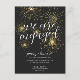 Minimalist Black Gold Fireworks Engagement Party  Postcard