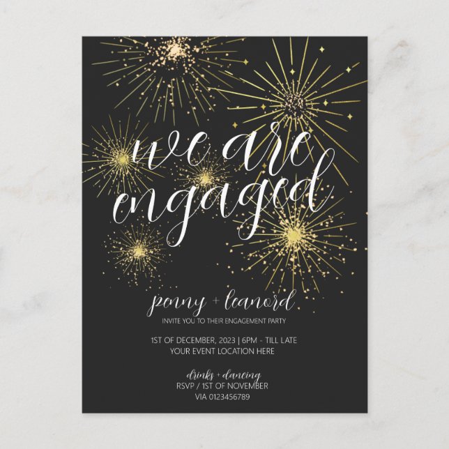 Minimalist Black Gold Fireworks Engagement Party  Postcard (Front)