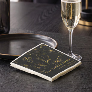Minimalist Black / Gold Floral 30th Birthday Paper Napkin