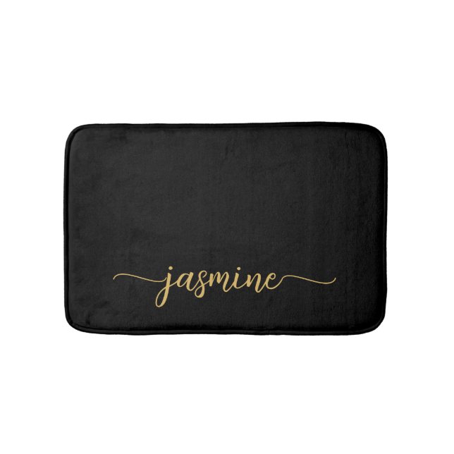 Minimalist Black Gold Girly Monogram Name Script Bath Mat (Front)