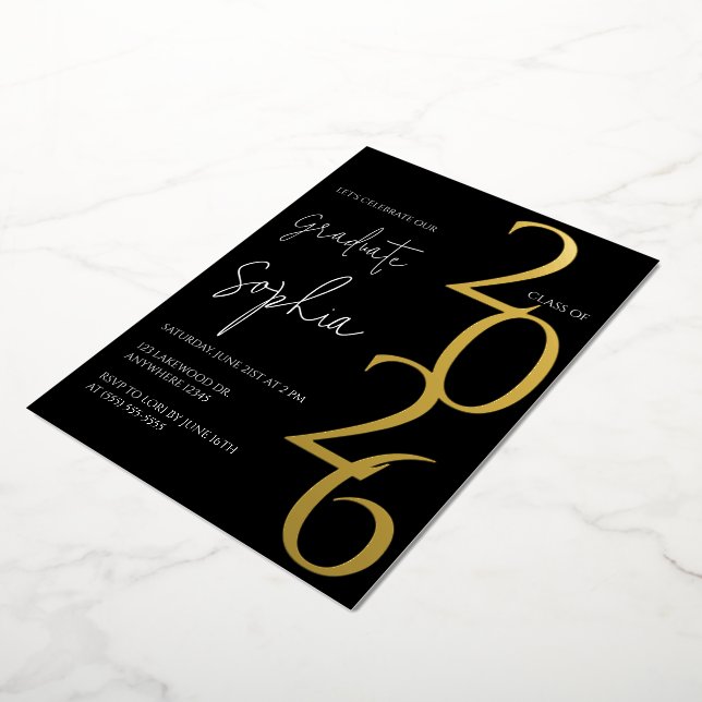 Minimalist Black & Gold Graduation Foil Invitation (Rotation)
