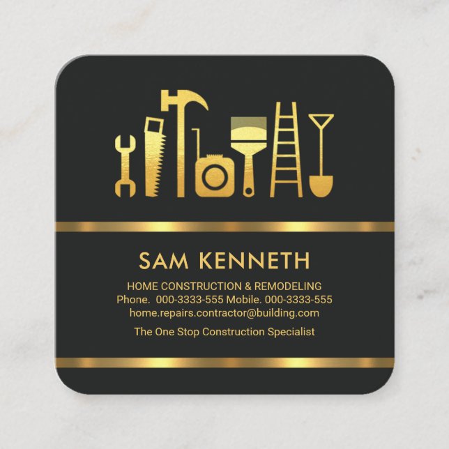 Minimalist Black Gold Lines Construction Square Business Card (Front)