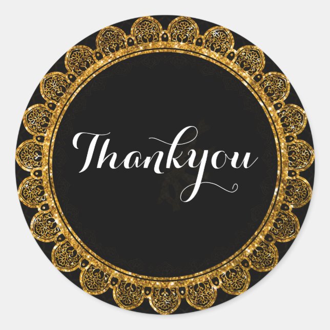 Minimalist Black & Gold Mandala of Gratitude Classic Round Sticker (Front)