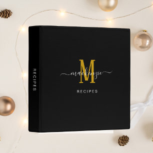 Minimalist Black Gold Monogram Modern Script Name Binder