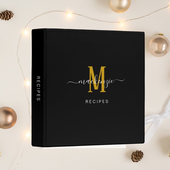 Minimalist Black Gold Monogram Modern Script Name Binder (Creator Uploaded)